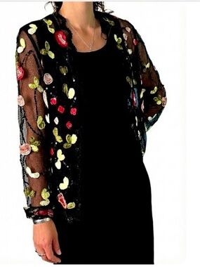 Black Mesh Jacket Sequins & Appliqués • Pink & Yellow • Formal & Semi Formal